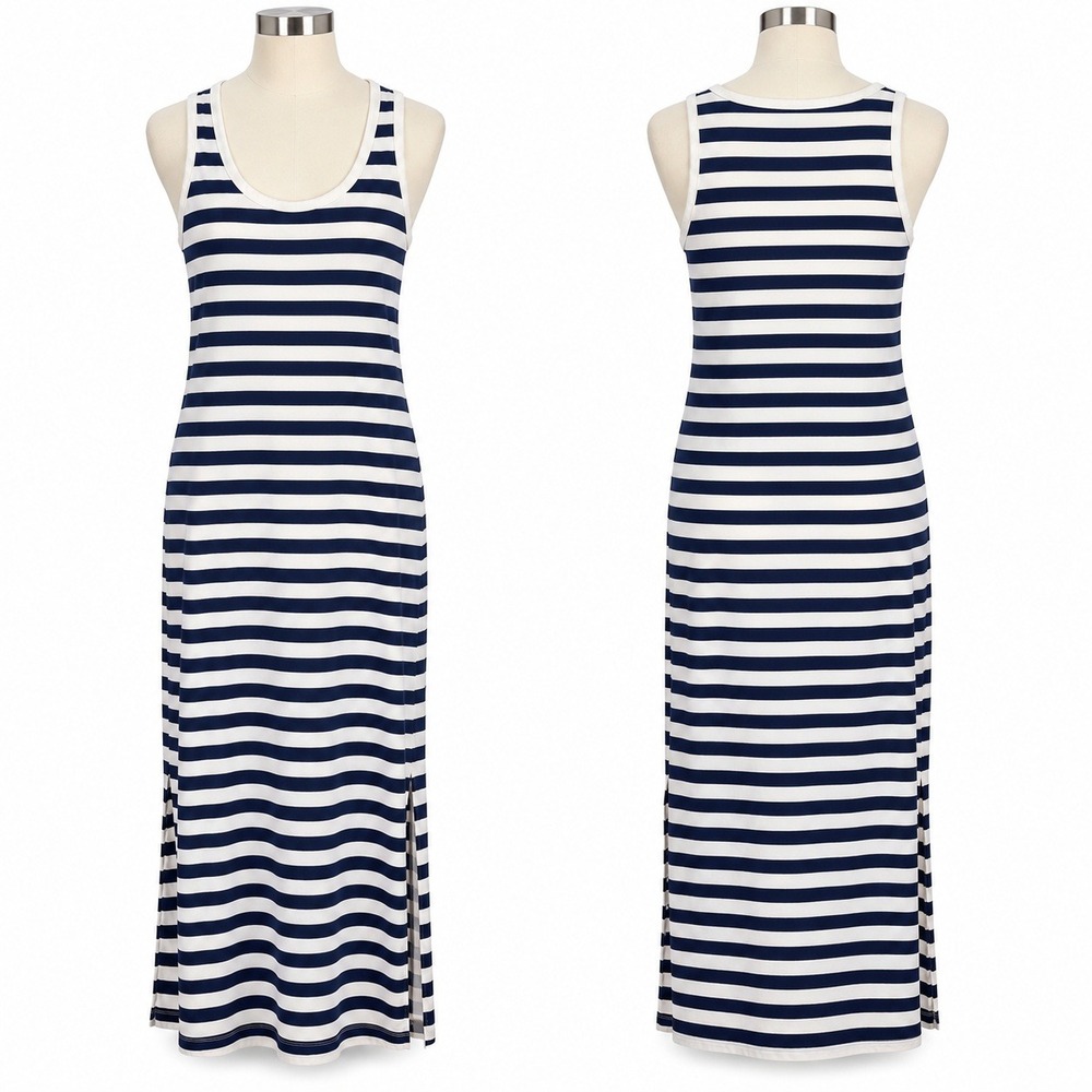Vineyard Vines Women M Navy Blue Striped Sleeveless Maxi Tank Dress Side Slits